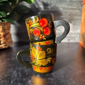 Vintage Russian Khokhloma Wooden Mugs | Hand Painted Folk Art | Set of 2